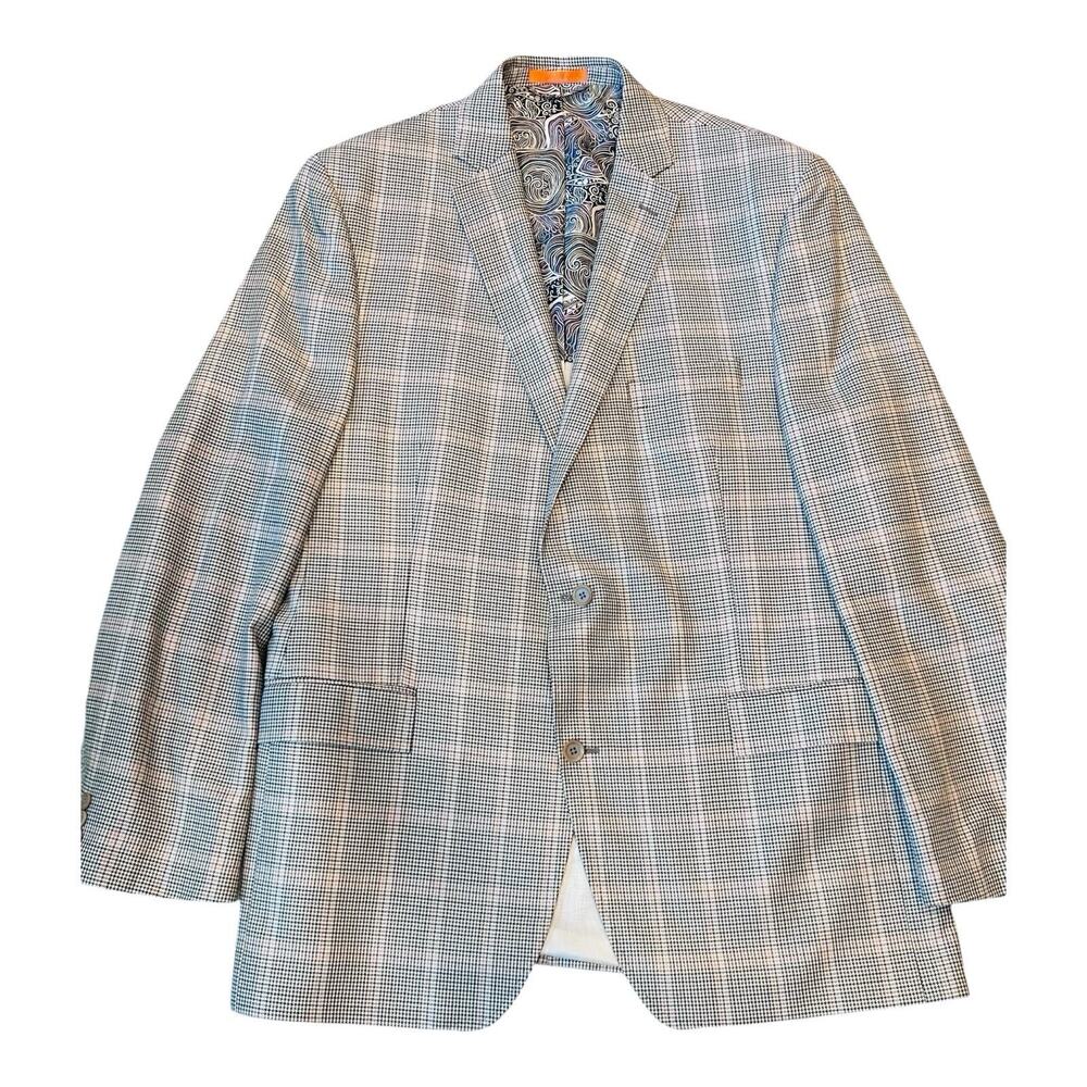 Tallia Verdello Gray Plaid Silk Wool Suit Jacket Blazer Mens Size 48 XL